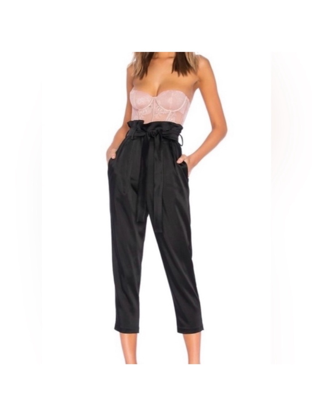 Women's Amanda Uprichard Black Satin High-Waisted Trousers Size S Office Upscale - Picture 1 of 6